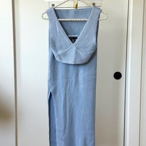 Sincerely Jules Sky Blue Ribbed Knit Midi Bralette Top and Slit Skirt Set